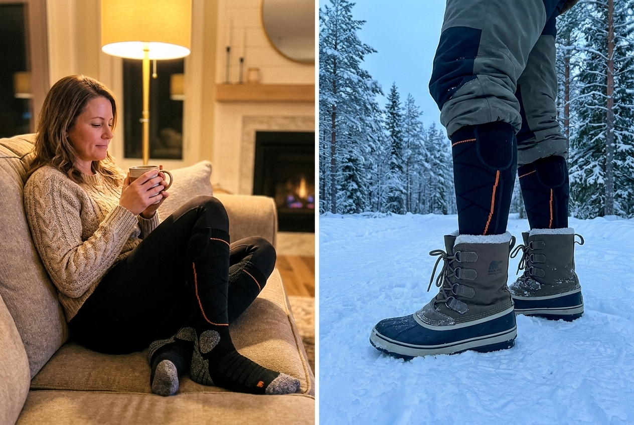 Beheizte Socken drinnen auf dem Sofa und draußen im Schnee