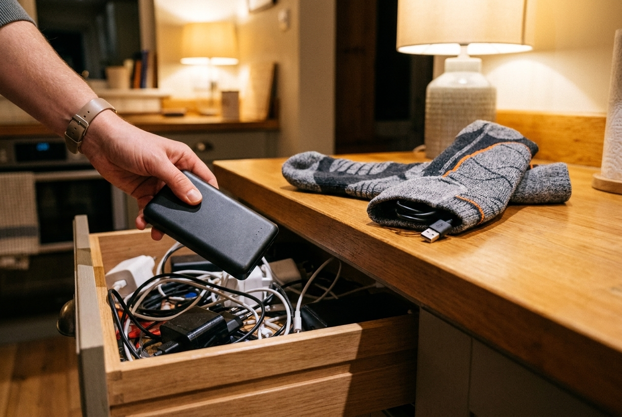 Hand hält USB-Powerbank neben beheizten Socken auf der Küchentheke