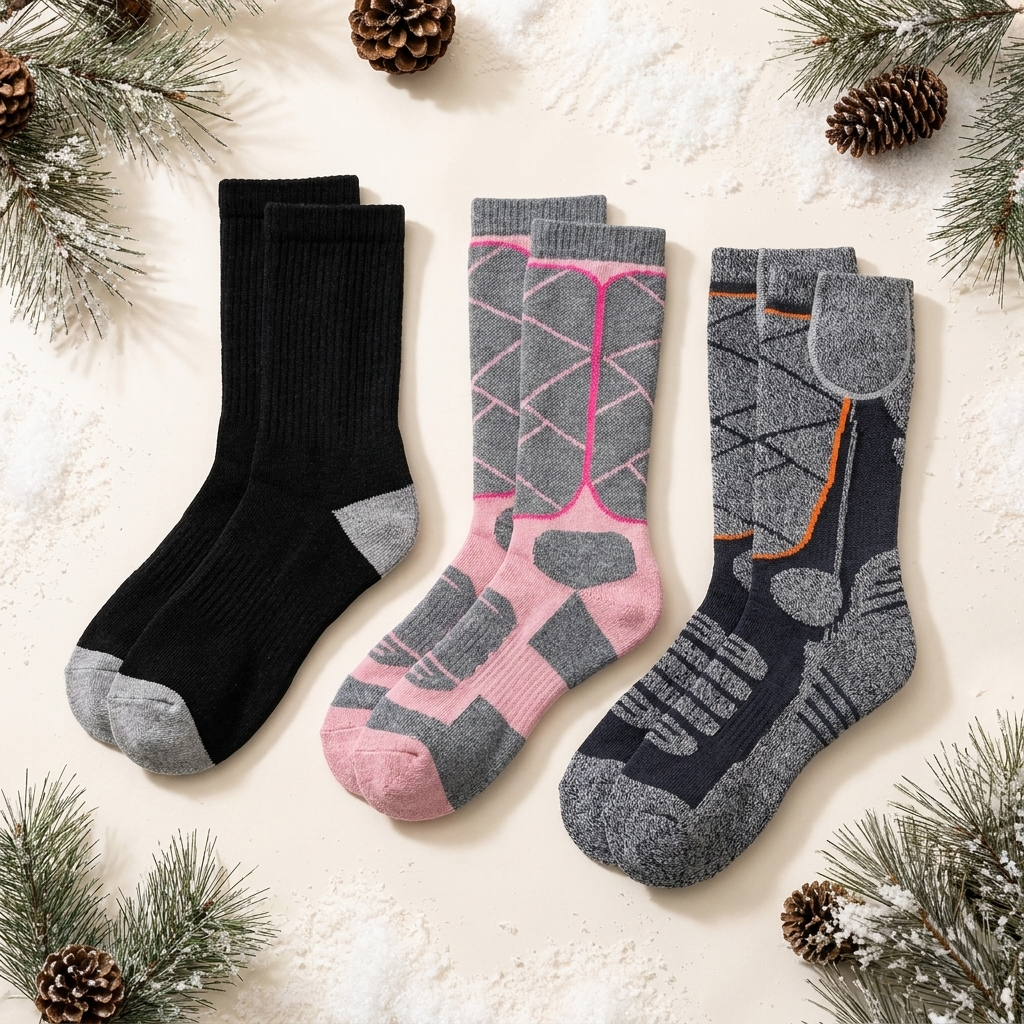 Drei Paar beheizbare Wintersocken in Schwarz, Grau-Rosa und Grau-Orange auf winterlichem Untergrund