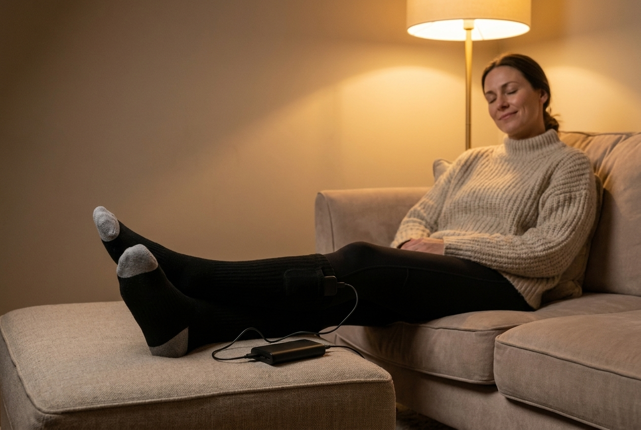 Beheizte Socken im entspannten Einsatz auf dem Sofa mit angeschlossener Powerbank